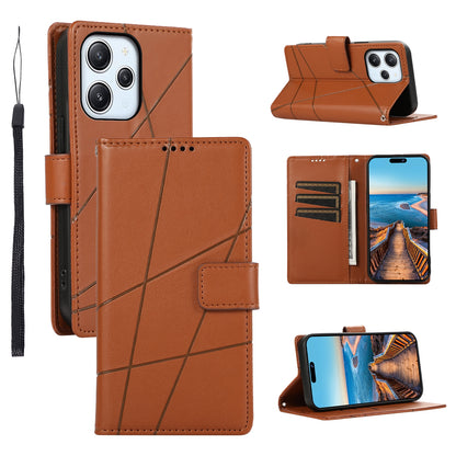 Xiaomi Redmi 12 PU Genuine Leather Texture Embossed Line Phone Case with Card Wallet, Kickstand & Wrist Strap