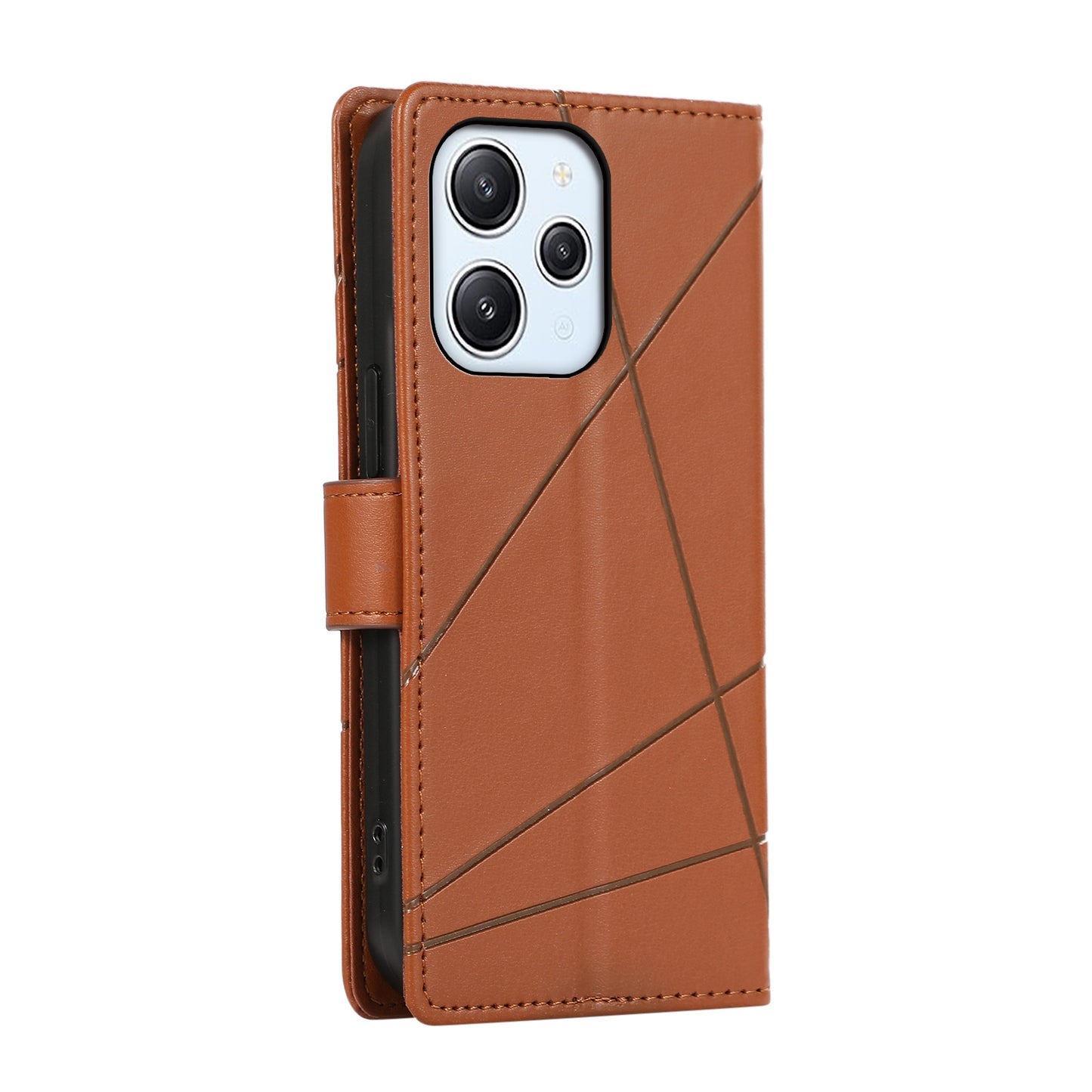 Xiaomi Redmi 12 PU Genuine Leather Texture Embossed Line Phone Case with Card Wallet, Kickstand & Wrist Strap