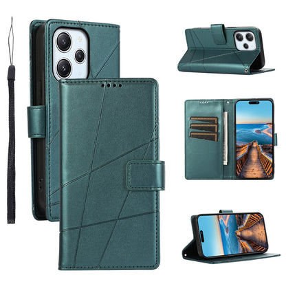 Xiaomi Redmi 12 PU Genuine Leather Texture Embossed Line Phone Case with Card Wallet, Kickstand & Wrist Strap