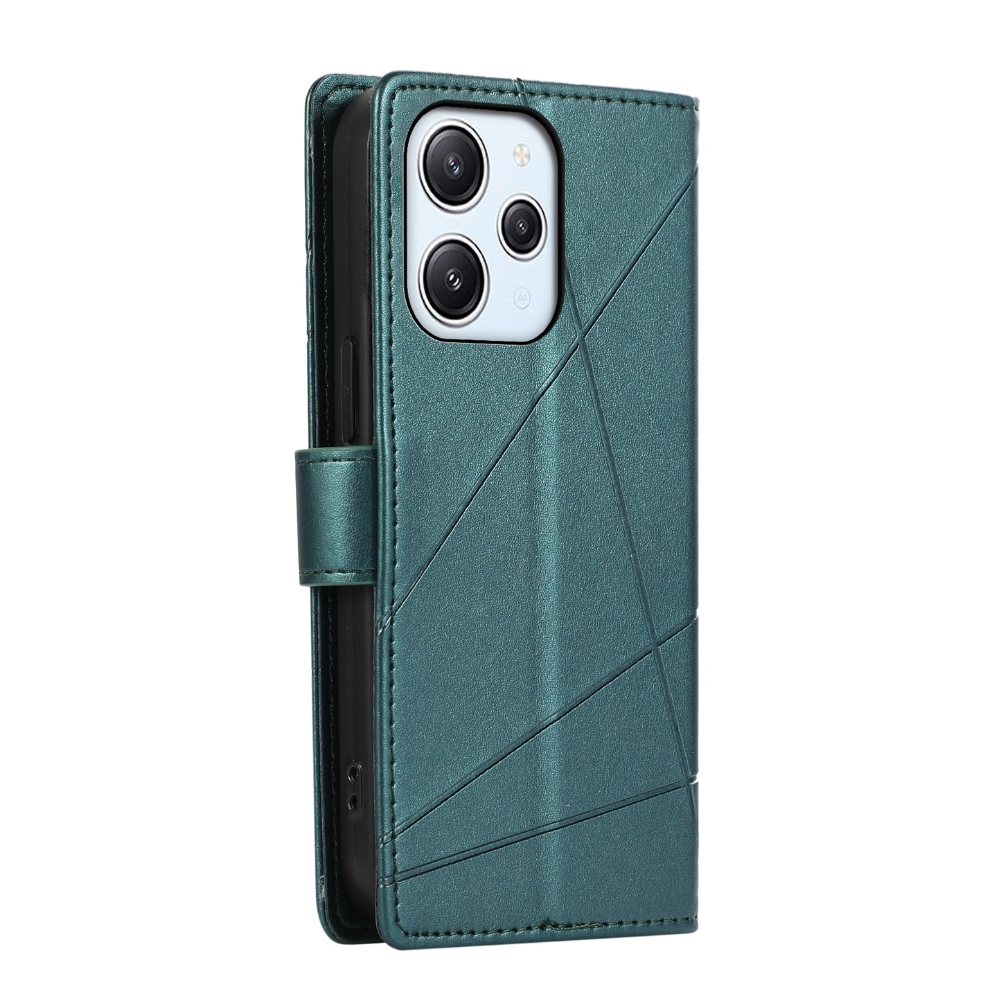 Xiaomi Redmi 12 PU Genuine Leather Texture Embossed Line Phone Case with Card Wallet, Kickstand & Wrist Strap