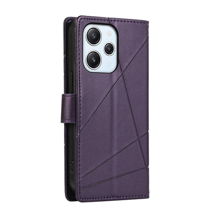 Xiaomi Redmi 12 PU Genuine Leather Texture Embossed Line Phone Case with Card Wallet, Kickstand & Wrist Strap