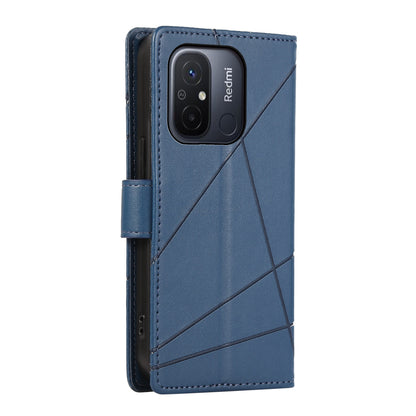 Xiaomi Redmi 12C PU Genuine Leather Texture Embossed Line Phone Case with Card Wallet, Kickstand & Wrist Strap