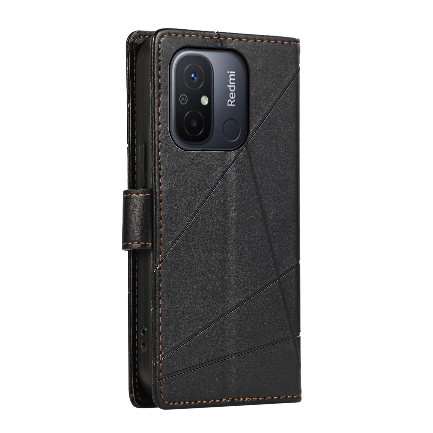 Xiaomi Redmi 12C PU Genuine Leather Texture Embossed Line Phone Case with Card Wallet, Kickstand & Wrist Strap