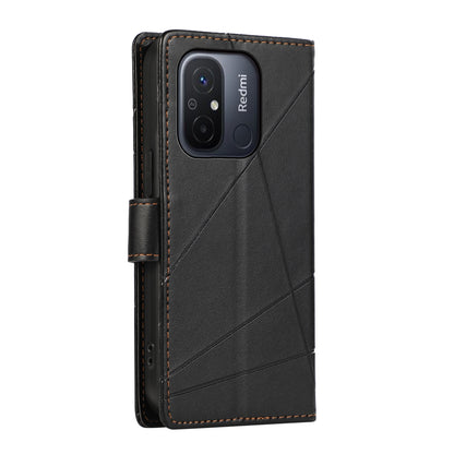 Xiaomi Redmi 12C PU Genuine Leather Texture Embossed Line Phone Case with Card Wallet, Kickstand & Wrist Strap