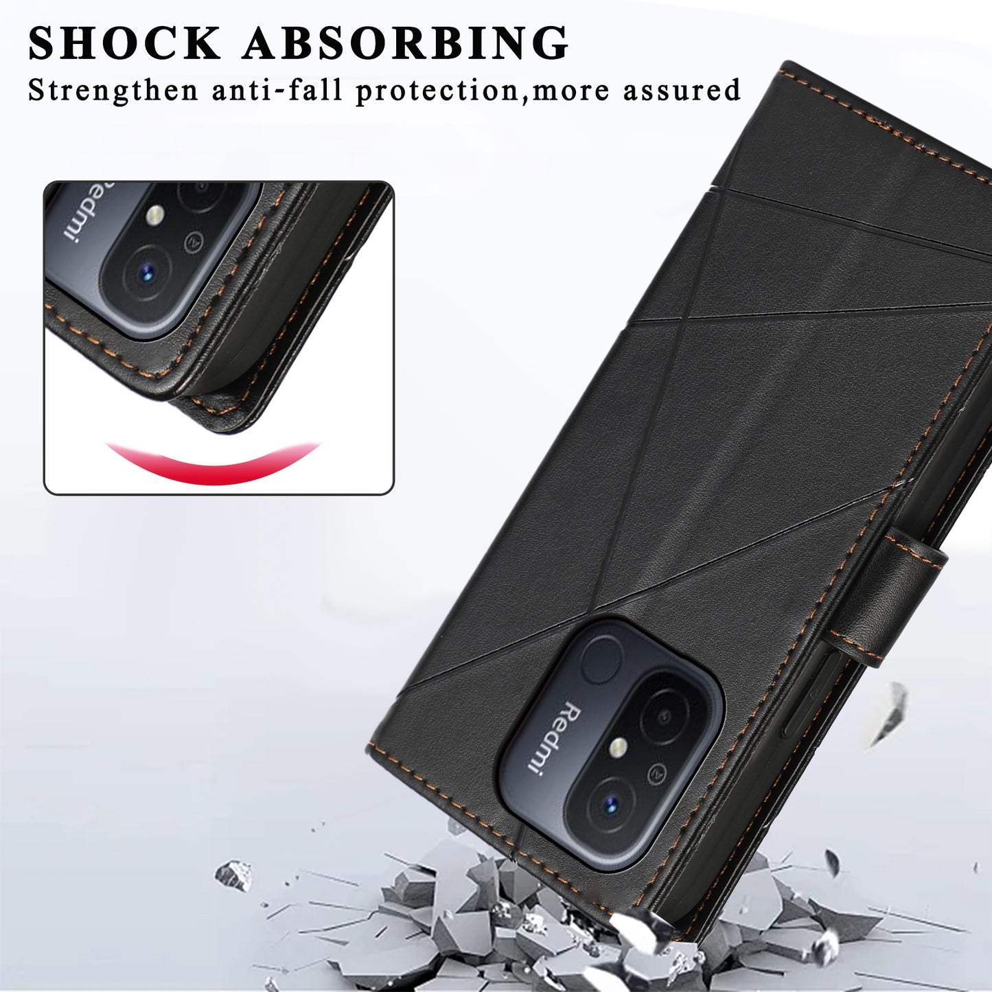 Xiaomi Redmi 12C PU Genuine Leather Texture Embossed Line Phone Case with Card Wallet, Kickstand & Wrist Strap