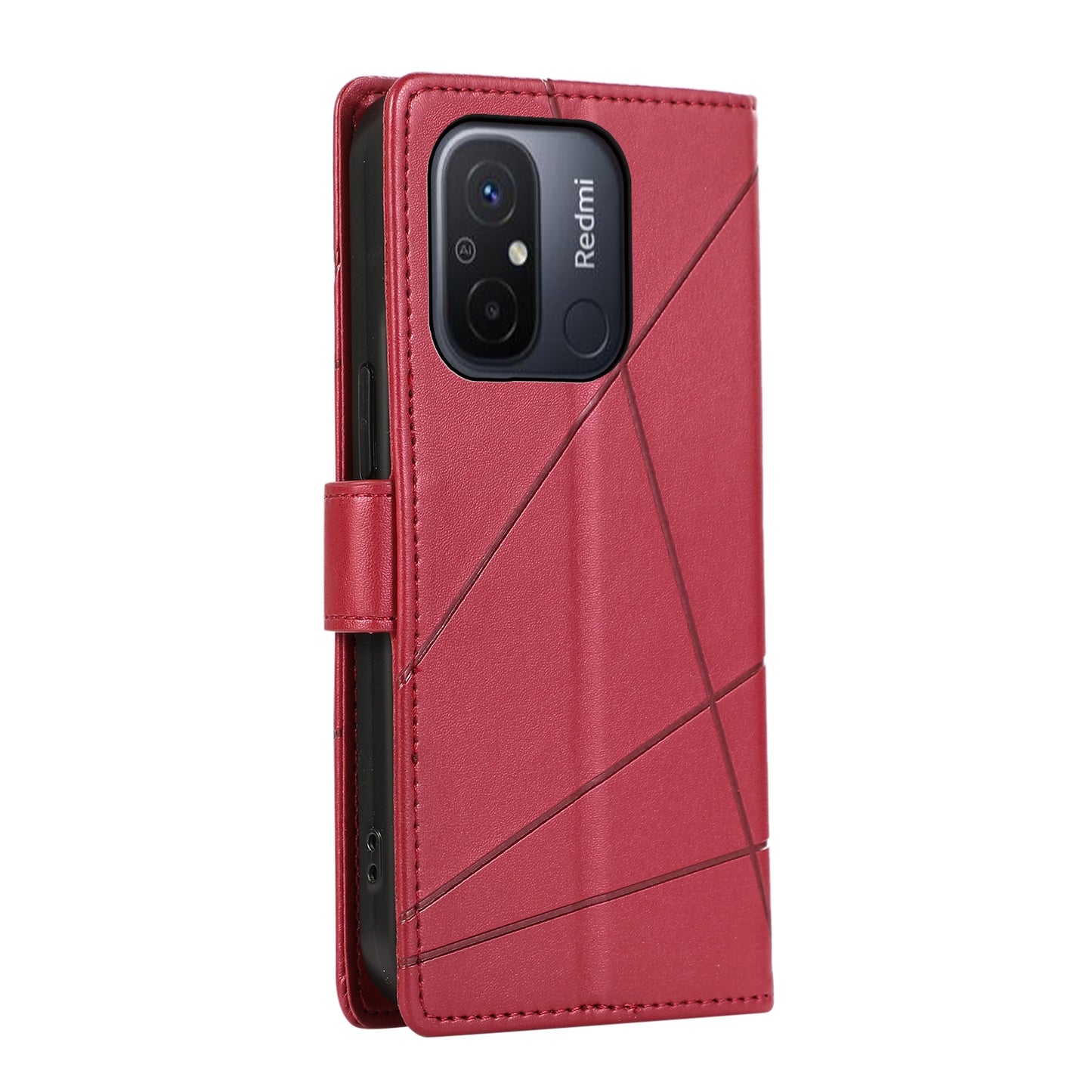 Xiaomi Redmi 12C PU Genuine Leather Texture Embossed Line Phone Case with Card Wallet, Kickstand & Wrist Strap