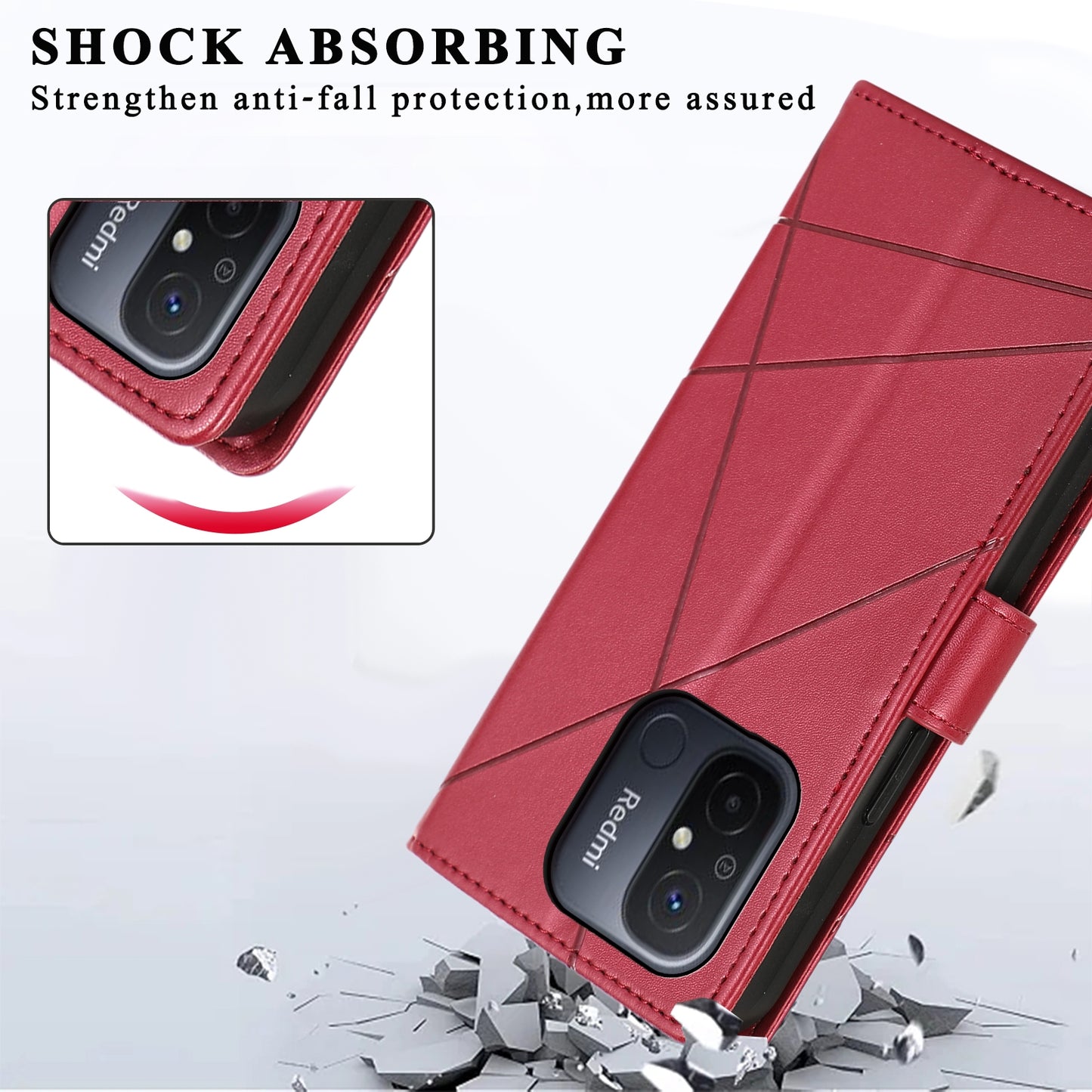 Xiaomi Redmi 12C PU Genuine Leather Texture Embossed Line Phone Case with Card Wallet, Kickstand & Wrist Strap