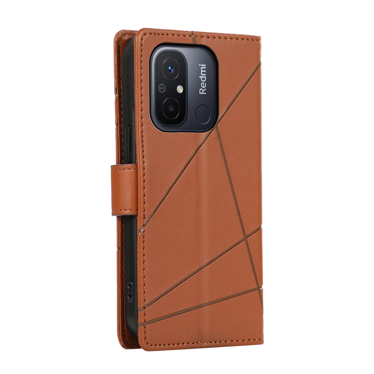 Xiaomi Redmi 12C PU Genuine Leather Texture Embossed Line Phone Case with Card Wallet, Kickstand & Wrist Strap
