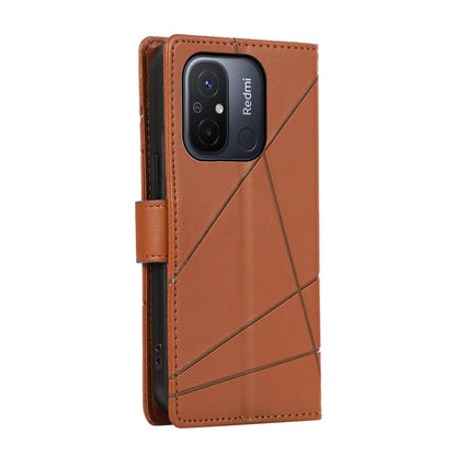 Xiaomi Redmi 12C PU Genuine Leather Texture Embossed Line Phone Case with Card Wallet, Kickstand & Wrist Strap