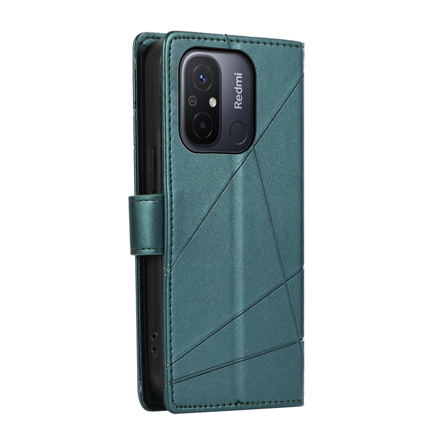 Xiaomi Redmi 12C PU Genuine Leather Texture Embossed Line Phone Case with Card Wallet, Kickstand & Wrist Strap