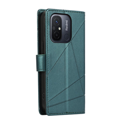 Xiaomi Redmi 12C PU Genuine Leather Texture Embossed Line Phone Case with Card Wallet, Kickstand & Wrist Strap