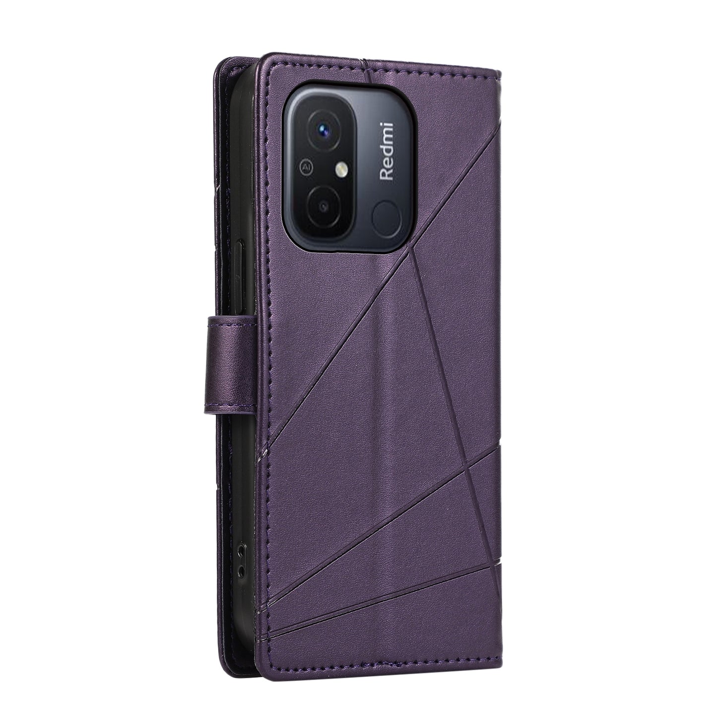Xiaomi Redmi 12C PU Genuine Leather Texture Embossed Line Phone Case with Card Wallet, Kickstand & Wrist Strap