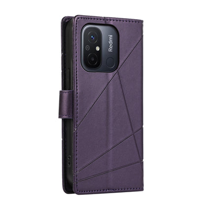 Xiaomi Redmi 12C PU Genuine Leather Texture Embossed Line Phone Case with Card Wallet, Kickstand & Wrist Strap