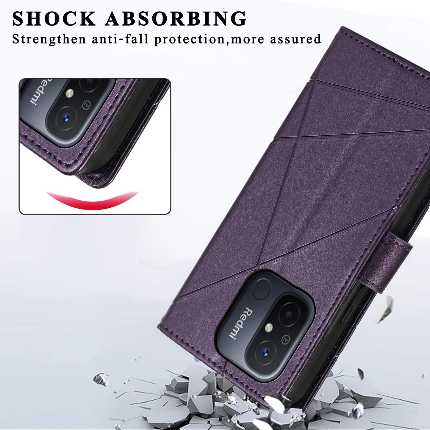 Xiaomi Redmi 12C PU Genuine Leather Texture Embossed Line Phone Case with Card Wallet, Kickstand & Wrist Strap