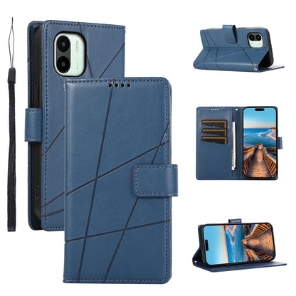 Xiaomi Redmi A1 PU Genuine Leather Texture Embossed Line Phone Case with Card Wallet, Kickstand & Wrist Strap