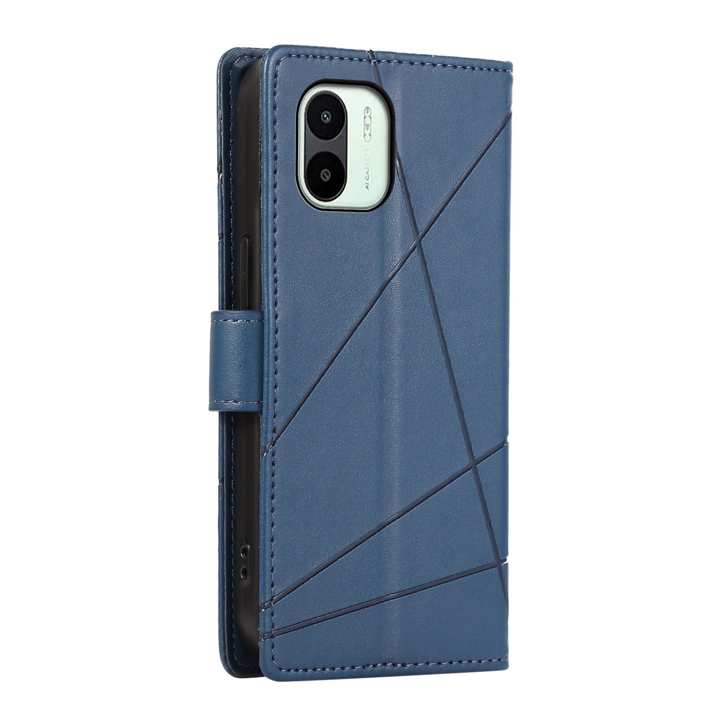 Xiaomi Redmi A1 PU Genuine Leather Texture Embossed Line Phone Case with Card Wallet, Kickstand & Wrist Strap