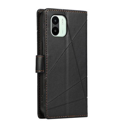 Xiaomi Redmi A1 PU Genuine Leather Texture Embossed Line Phone Case with Card Wallet, Kickstand & Wrist Strap