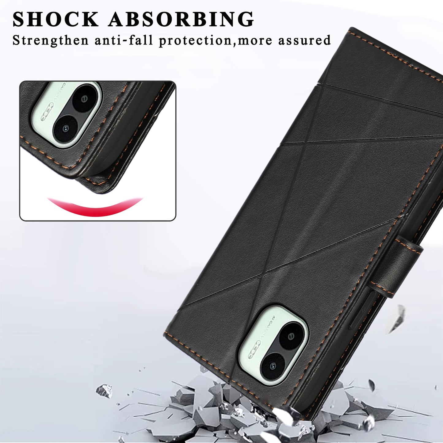 Xiaomi Redmi A1 PU Genuine Leather Texture Embossed Line Phone Case with Card Wallet, Kickstand & Wrist Strap