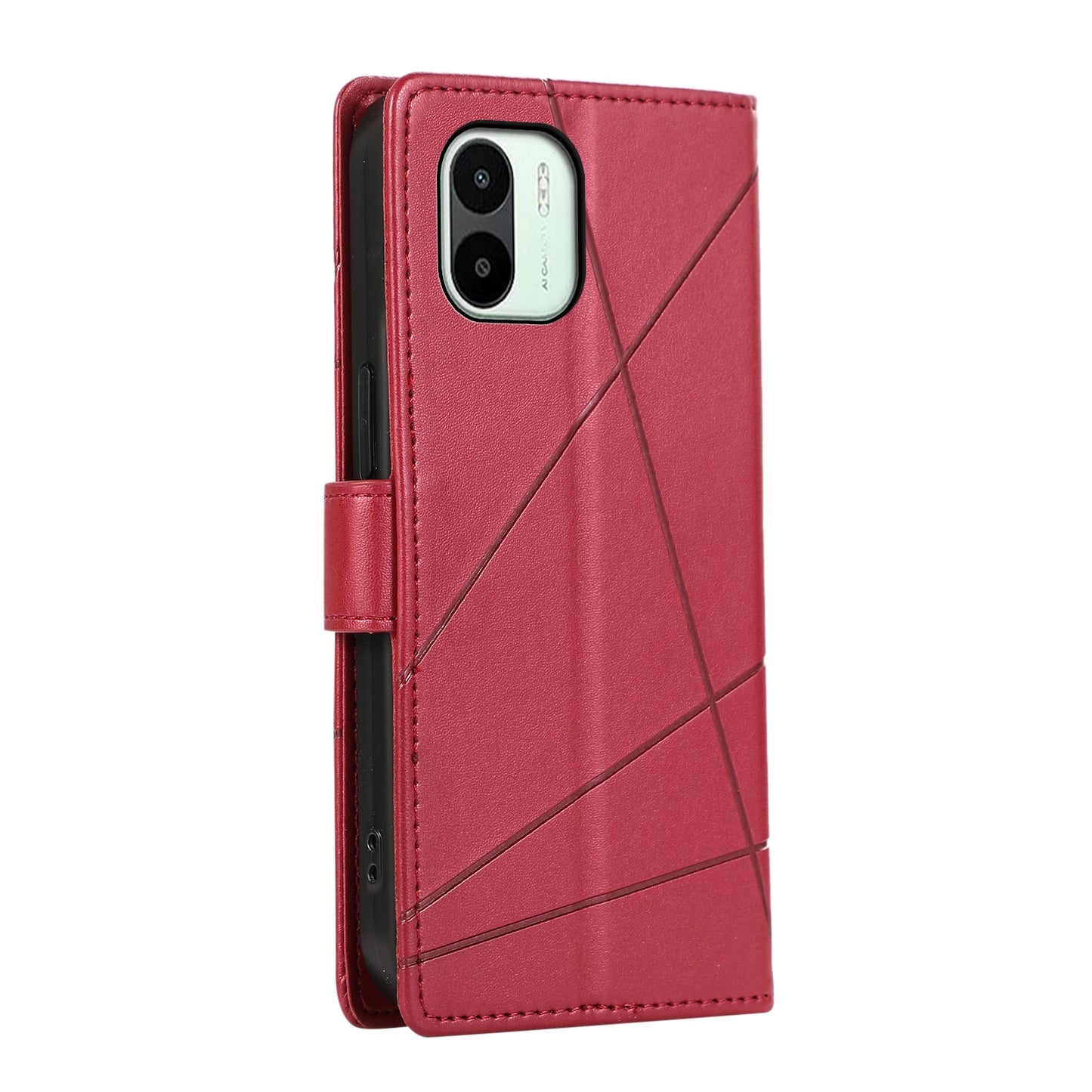 Xiaomi Redmi A1 PU Genuine Leather Texture Embossed Line Phone Case with Card Wallet, Kickstand & Wrist Strap