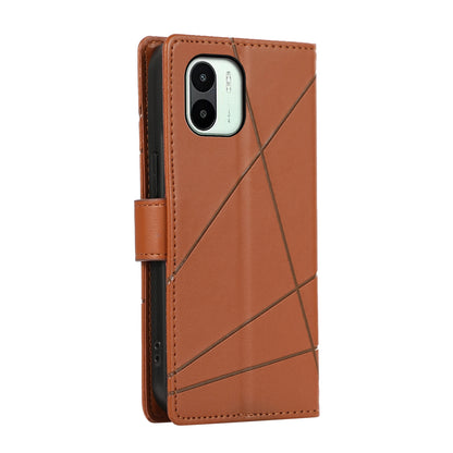 Xiaomi Redmi A1 PU Genuine Leather Texture Embossed Line Phone Case with Card Wallet, Kickstand & Wrist Strap