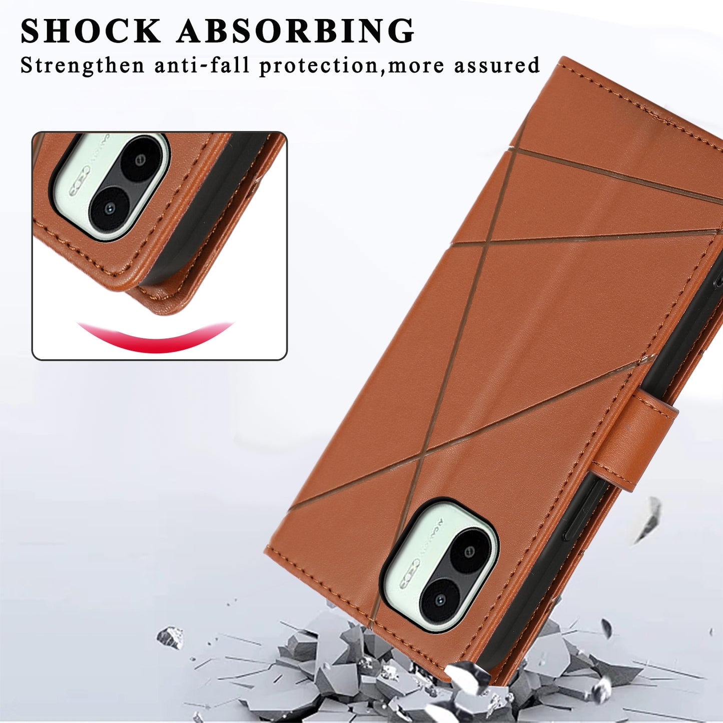 Xiaomi Redmi A1 PU Genuine Leather Texture Embossed Line Phone Case with Card Wallet, Kickstand & Wrist Strap