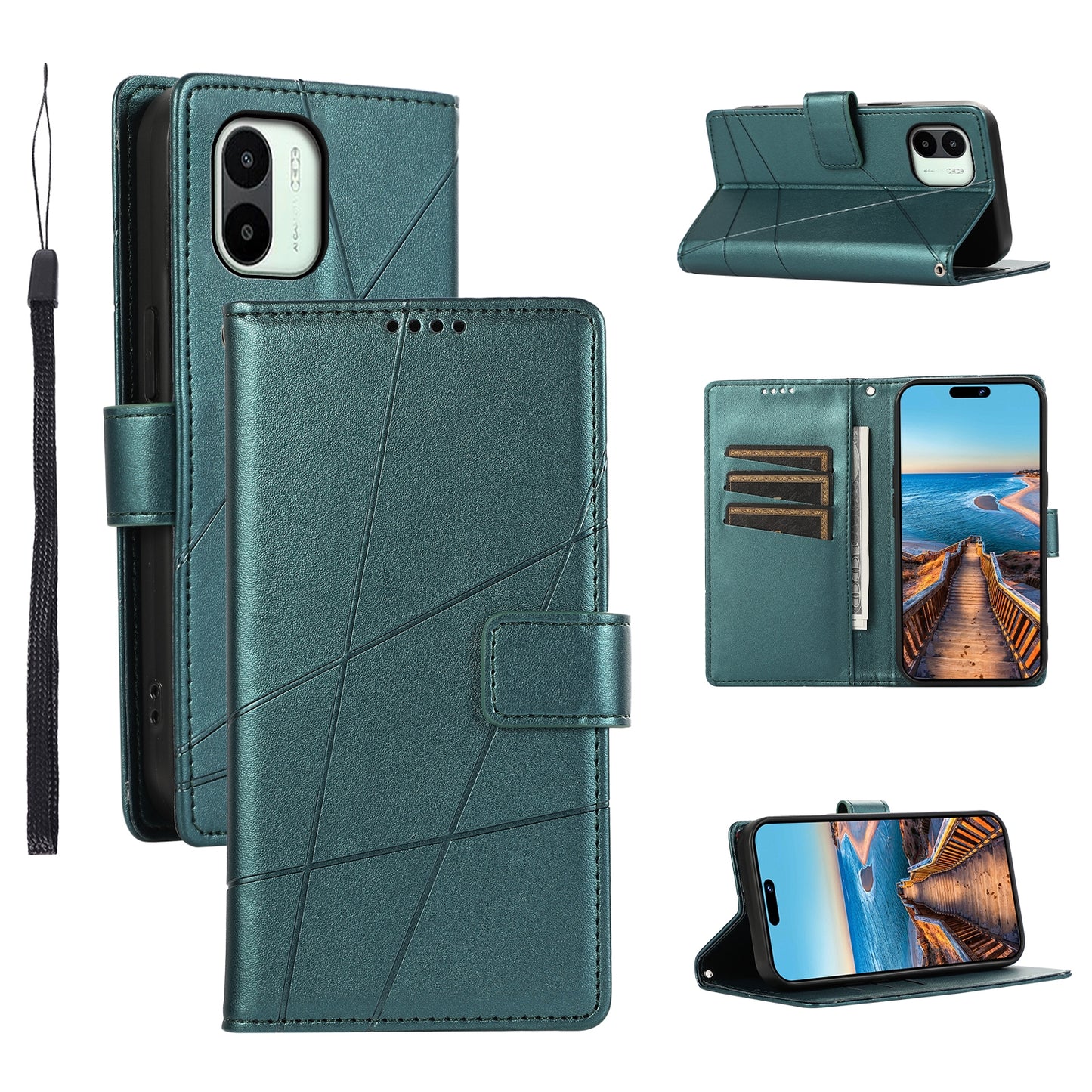 Xiaomi Redmi A1 PU Genuine Leather Texture Embossed Line Phone Case with Card Wallet, Kickstand & Wrist Strap