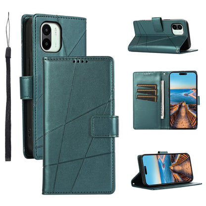 Xiaomi Redmi A1 PU Genuine Leather Texture Embossed Line Phone Case with Card Wallet, Kickstand & Wrist Strap
