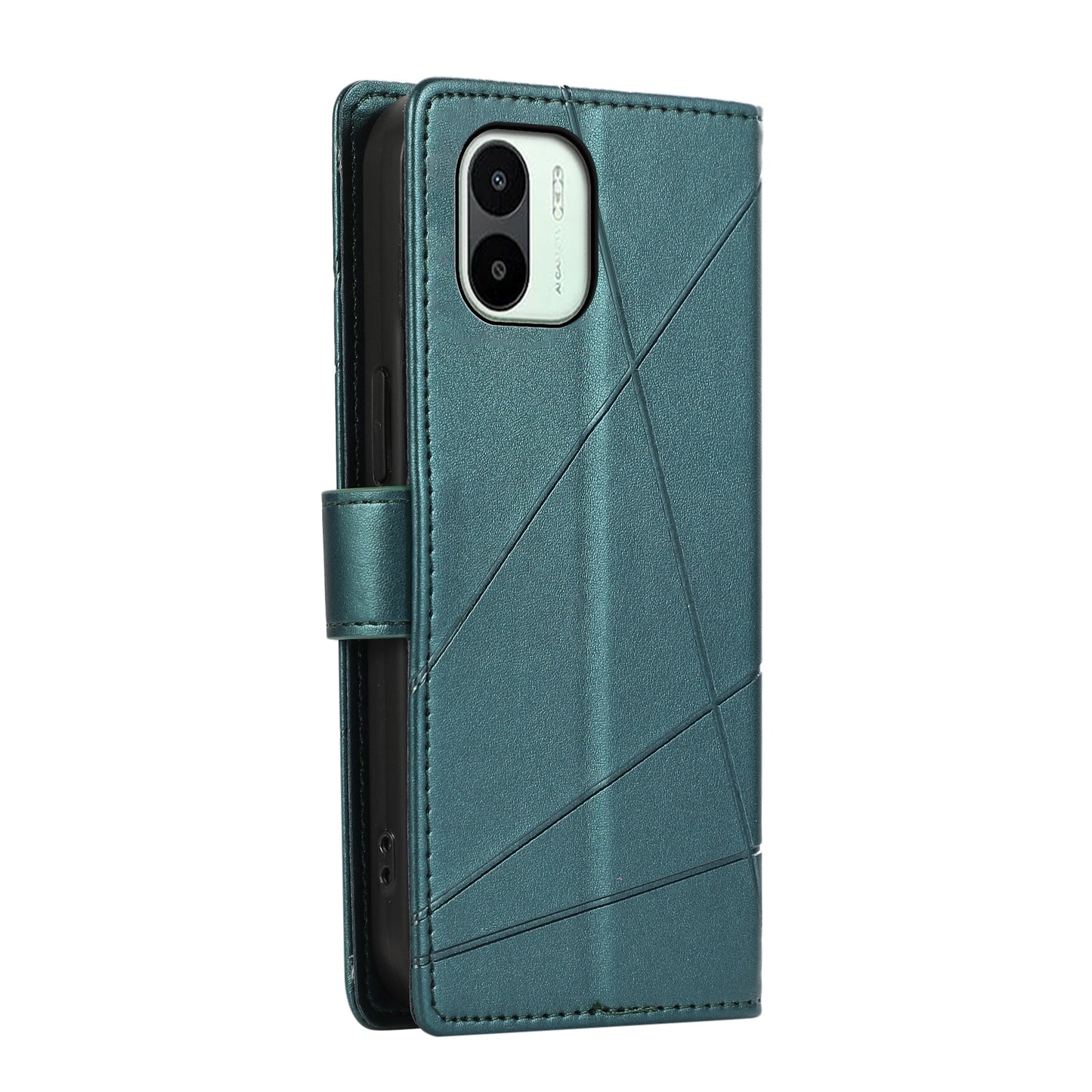 Xiaomi Redmi A1 PU Genuine Leather Texture Embossed Line Phone Case with Card Wallet, Kickstand & Wrist Strap