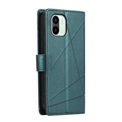Xiaomi Redmi A1 PU Genuine Leather Texture Embossed Line Phone Case with Card Wallet, Kickstand & Wrist Strap