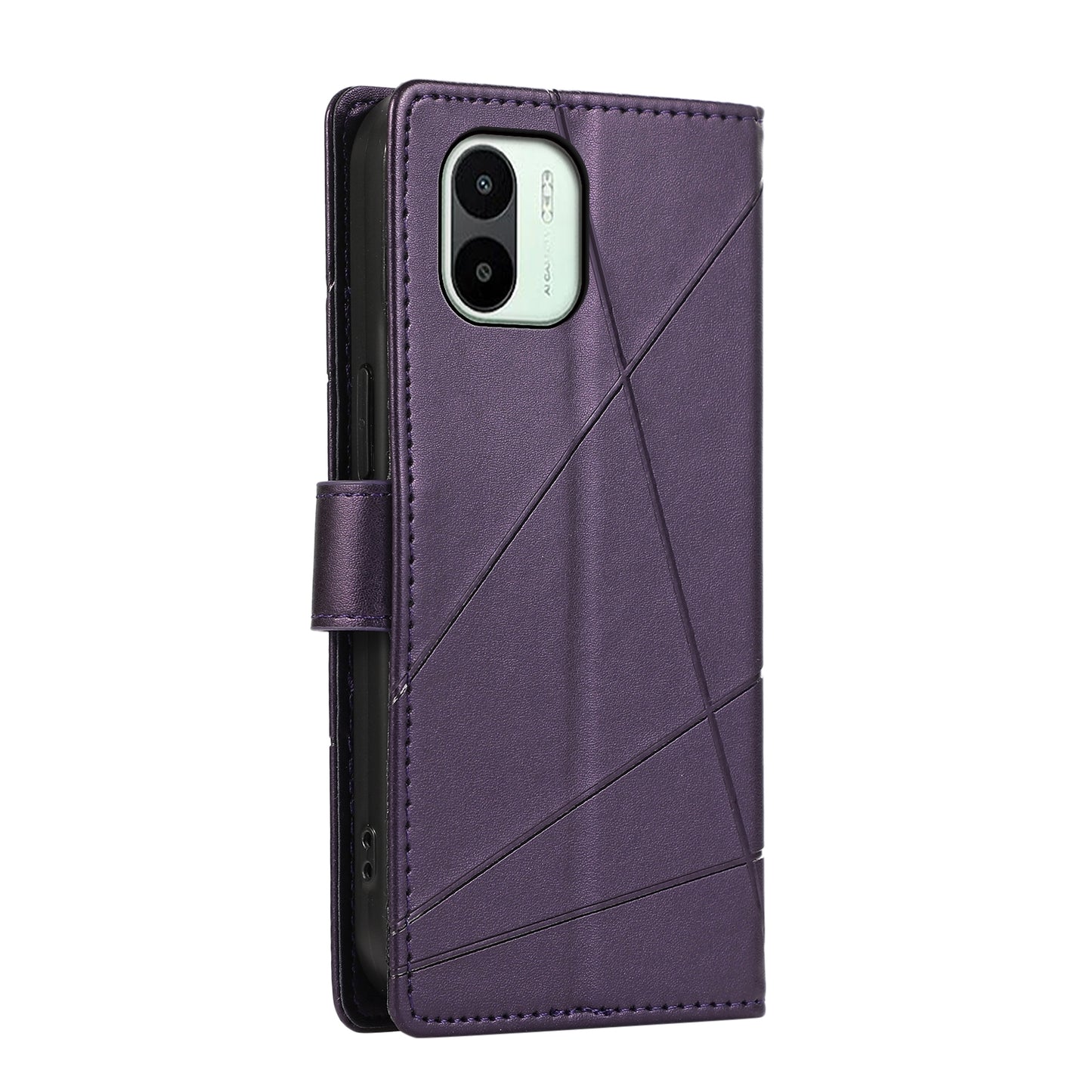Xiaomi Redmi A1 PU Genuine Leather Texture Embossed Line Phone Case with Card Wallet, Kickstand & Wrist Strap