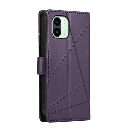 Xiaomi Redmi A1 PU Genuine Leather Texture Embossed Line Phone Case with Card Wallet, Kickstand & Wrist Strap