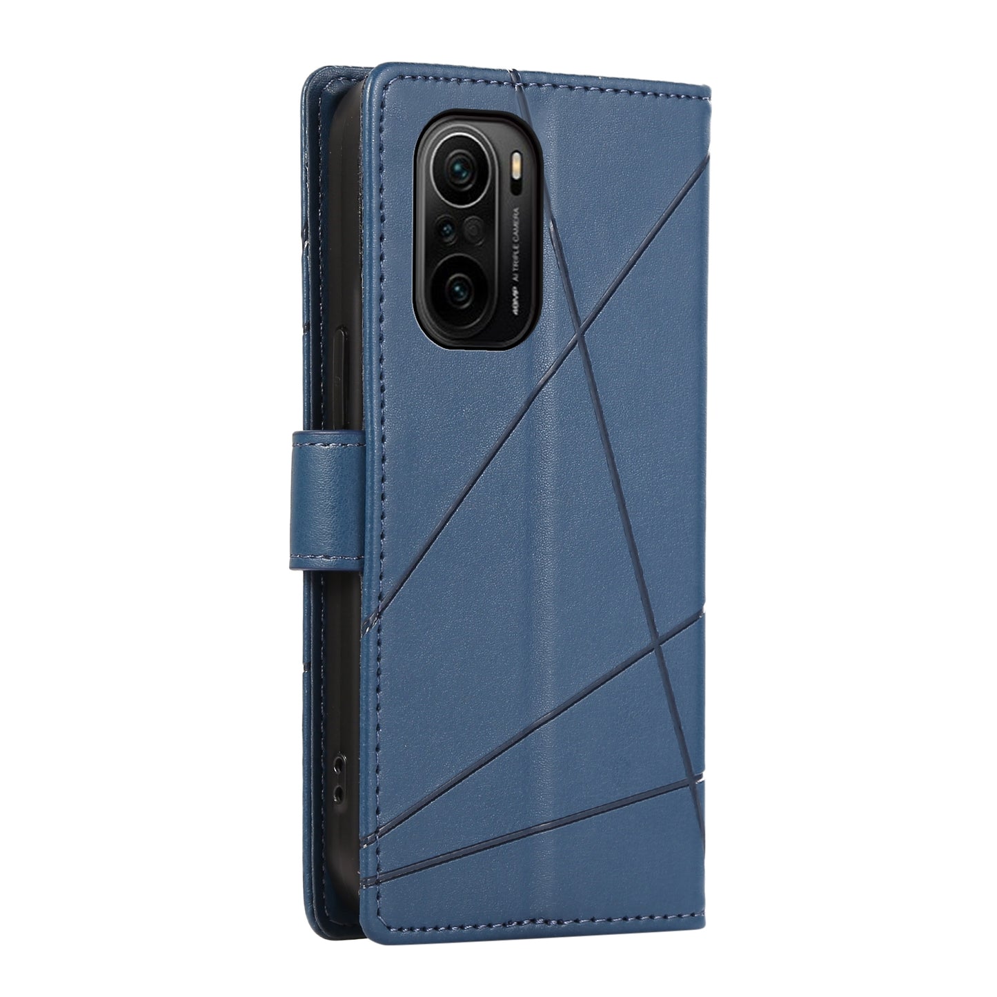 Xiaomi Redmi K40 PU Genuine Leather Texture Embossed Line Phone Case with Card Wallet, Kickstand & Wrist Strap