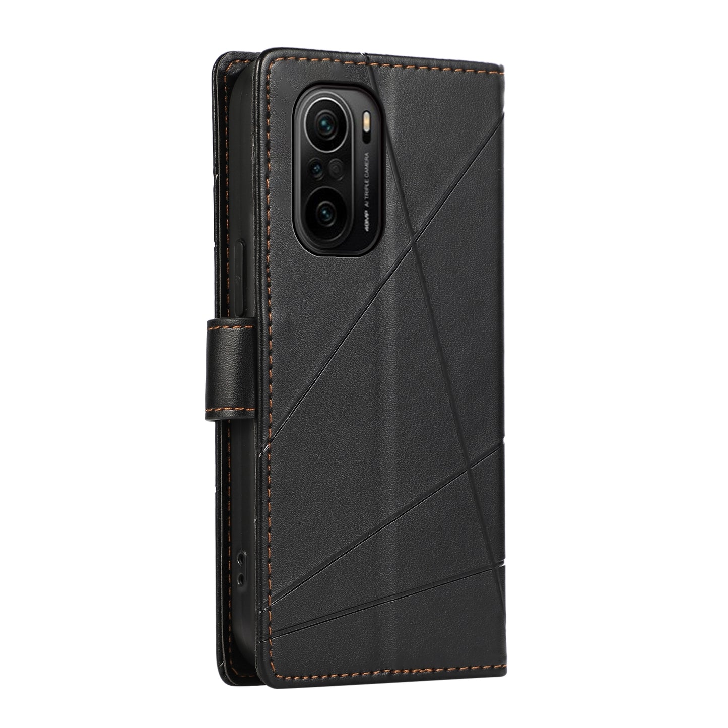 Xiaomi Redmi K40 PU Genuine Leather Texture Embossed Line Phone Case with Card Wallet, Kickstand & Wrist Strap