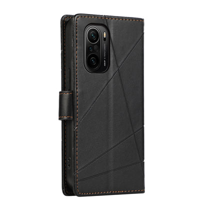 Xiaomi Redmi K40 PU Genuine Leather Texture Embossed Line Phone Case with Card Wallet, Kickstand & Wrist Strap