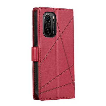 Xiaomi Redmi K40 PU Genuine Leather Texture Embossed Line Phone Case with Card Wallet, Kickstand & Wrist Strap