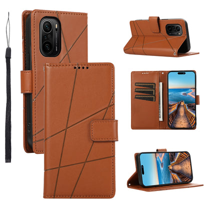 Xiaomi Redmi K40 PU Genuine Leather Texture Embossed Line Phone Case with Card Wallet, Kickstand & Wrist Strap