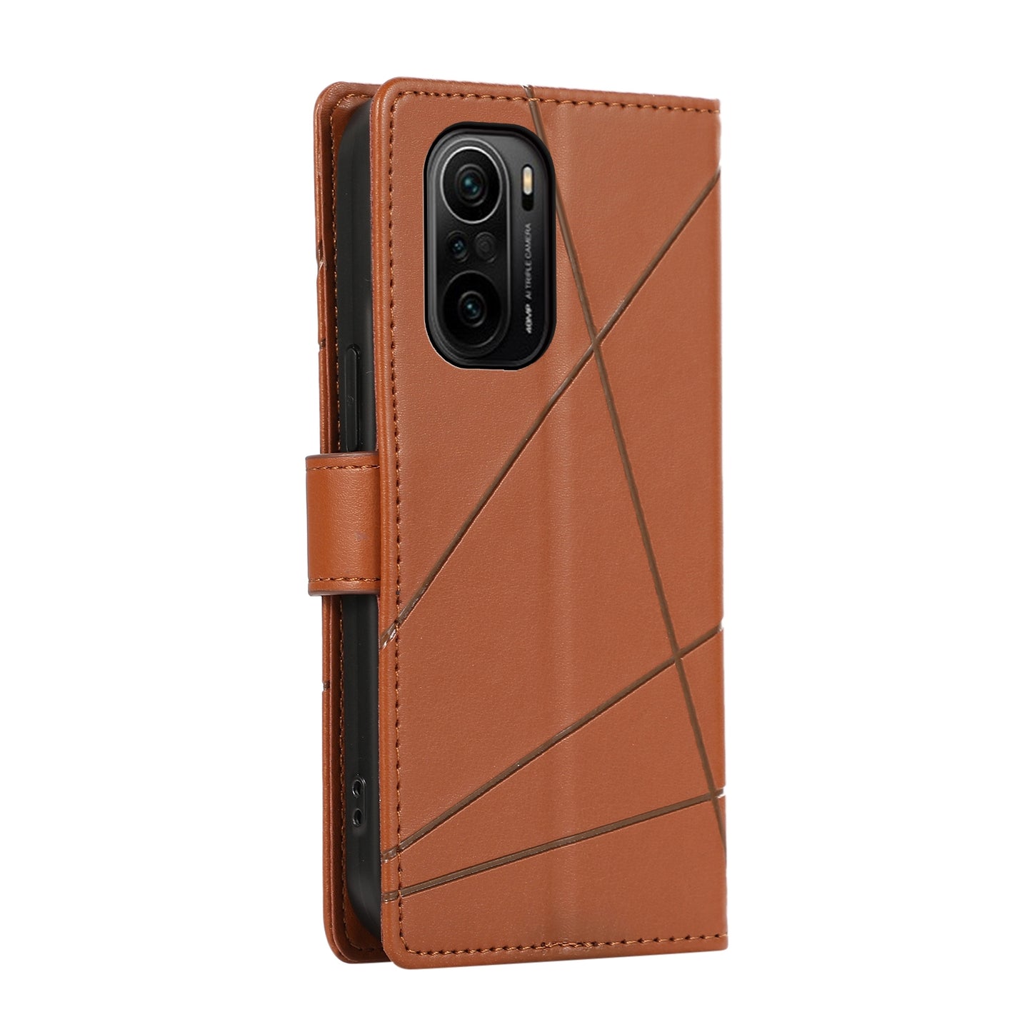 Xiaomi Redmi K40 PU Genuine Leather Texture Embossed Line Phone Case with Card Wallet, Kickstand & Wrist Strap