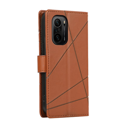 Xiaomi Redmi K40 PU Genuine Leather Texture Embossed Line Phone Case with Card Wallet, Kickstand & Wrist Strap