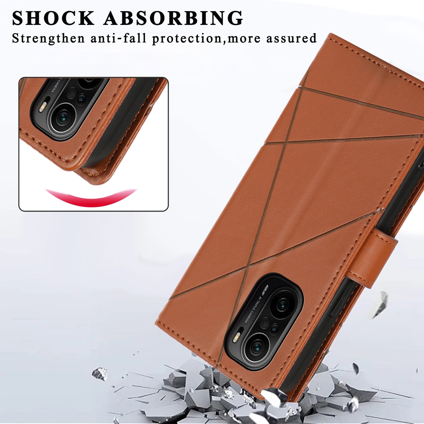 Xiaomi Redmi K40 PU Genuine Leather Texture Embossed Line Phone Case with Card Wallet, Kickstand & Wrist Strap