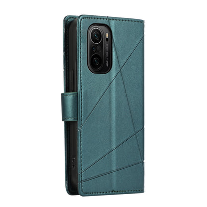 Xiaomi Redmi K40 PU Genuine Leather Texture Embossed Line Phone Case with Card Wallet, Kickstand & Wrist Strap