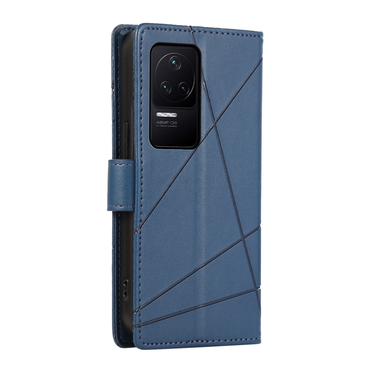 Xiaomi Redmi K50 PU Genuine Leather Texture Embossed Line Phone Case with Card Wallet, Kickstand & Wrist Strap