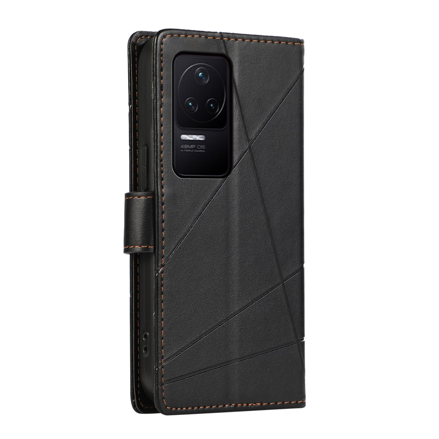 Xiaomi Redmi K50 PU Genuine Leather Texture Embossed Line Phone Case with Card Wallet, Kickstand & Wrist Strap