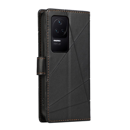 Xiaomi Redmi K50 PU Genuine Leather Texture Embossed Line Phone Case with Card Wallet, Kickstand & Wrist Strap