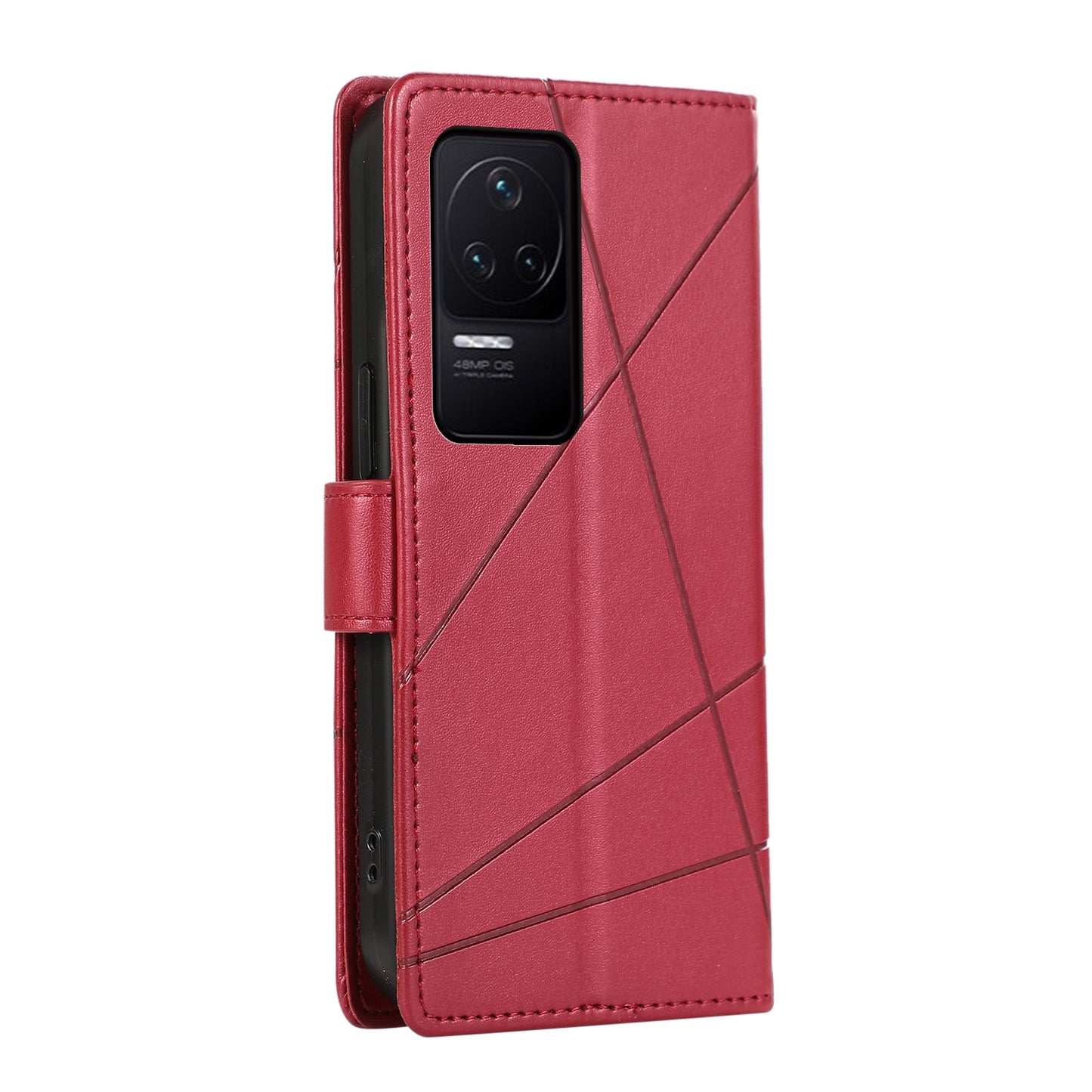 Xiaomi Redmi K50 PU Genuine Leather Texture Embossed Line Phone Case with Card Wallet, Kickstand & Wrist Strap