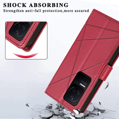 Xiaomi Redmi K50 PU Genuine Leather Texture Embossed Line Phone Case with Card Wallet, Kickstand & Wrist Strap