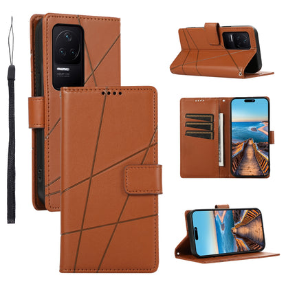 Xiaomi Redmi K50 PU Genuine Leather Texture Embossed Line Phone Case with Card Wallet, Kickstand & Wrist Strap