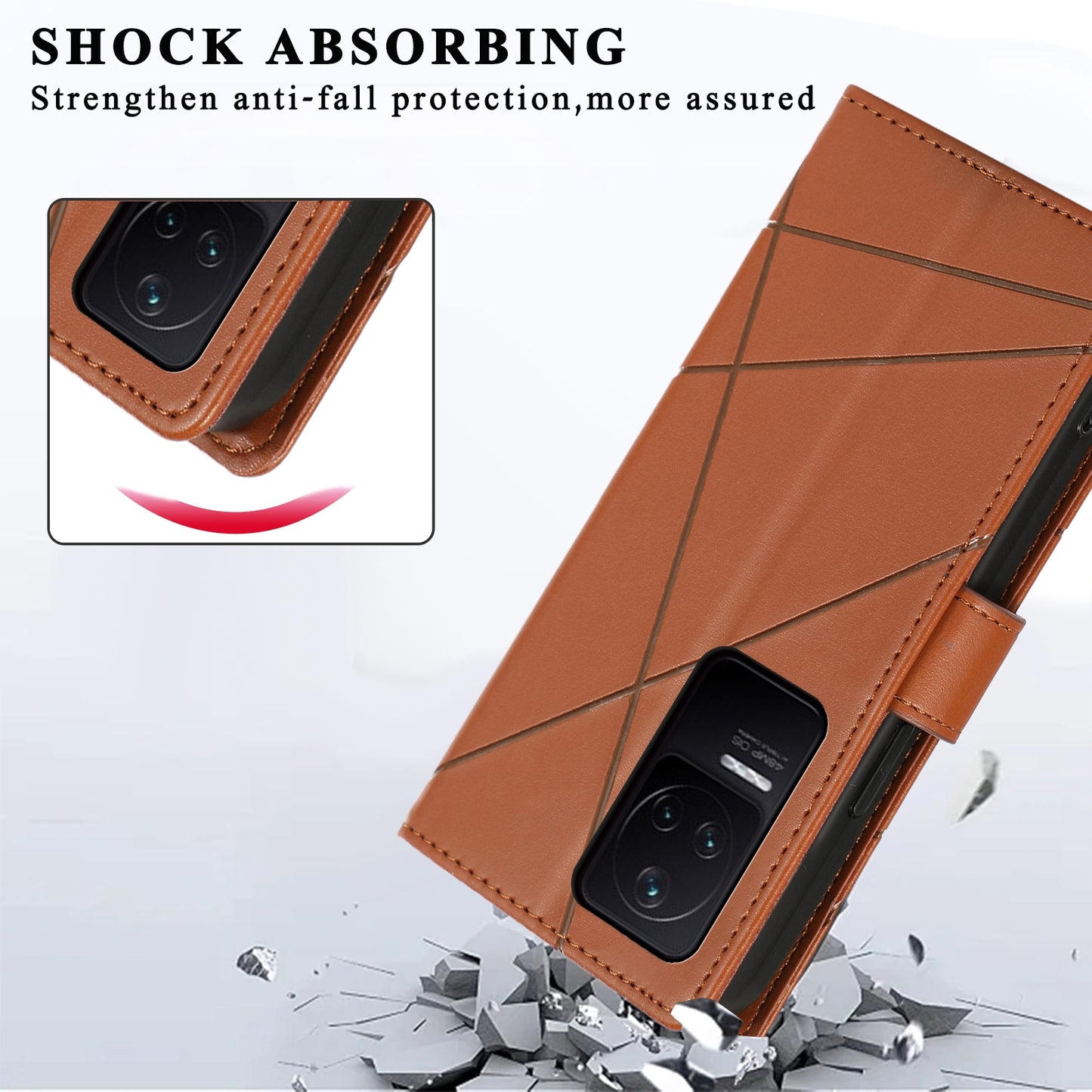 Xiaomi Redmi K50 PU Genuine Leather Texture Embossed Line Phone Case with Card Wallet, Kickstand & Wrist Strap