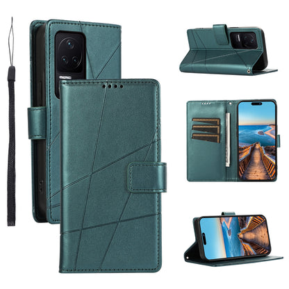 Xiaomi Redmi K50 PU Genuine Leather Texture Embossed Line Phone Case with Card Wallet, Kickstand & Wrist Strap