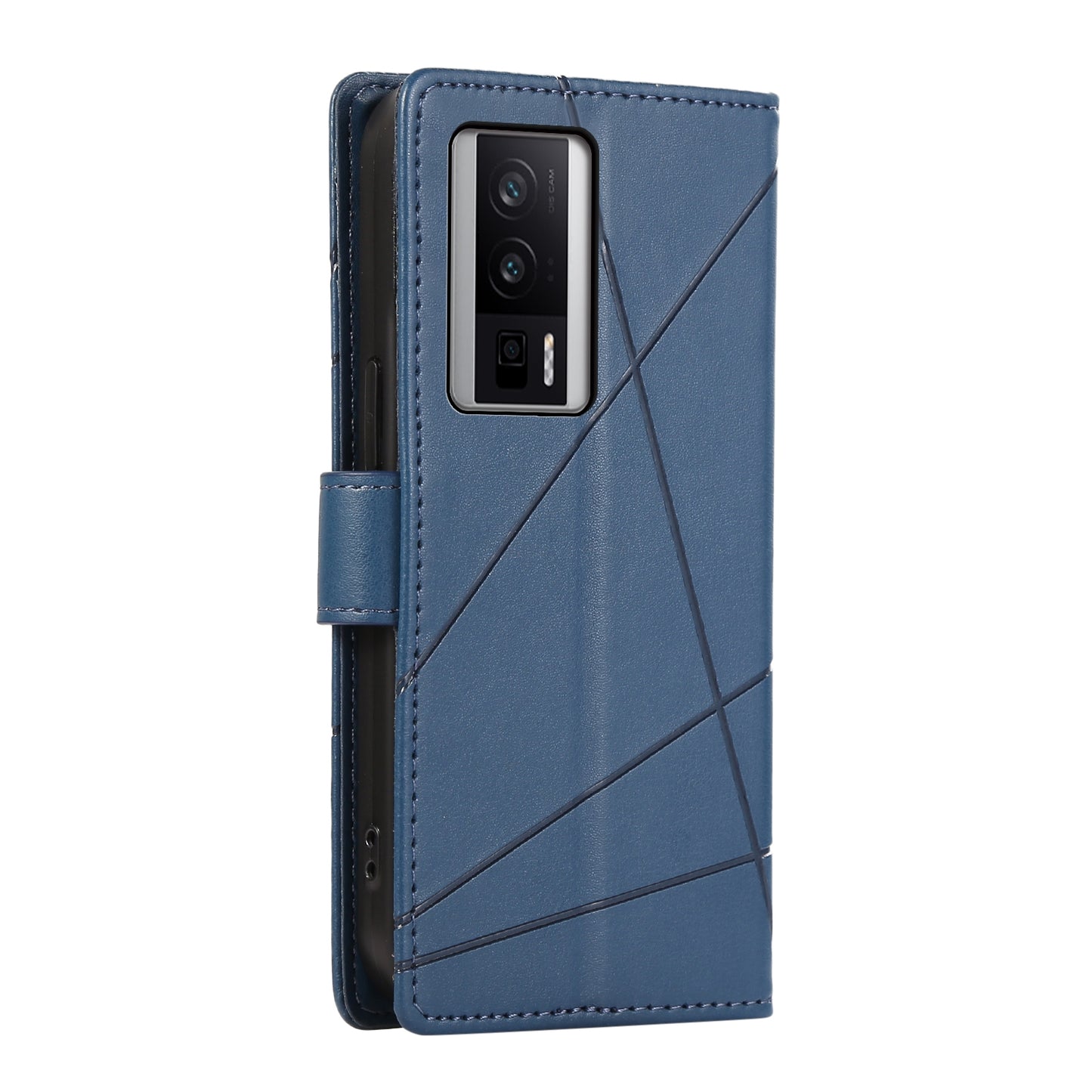 Xiaomi Redmi K60 PU Genuine Leather Texture Embossed Line Phone Case with Card Wallet, Kickstand & Wrist Strap