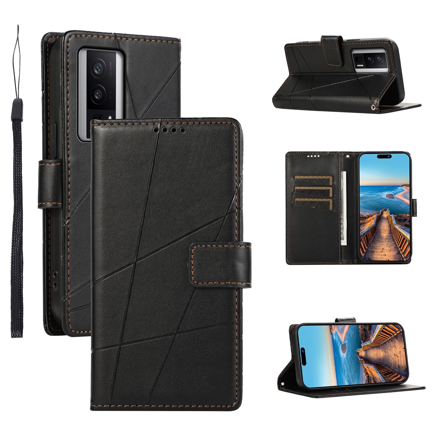 Xiaomi Redmi K60 PU Genuine Leather Texture Embossed Line Phone Case with Card Wallet, Kickstand & Wrist Strap